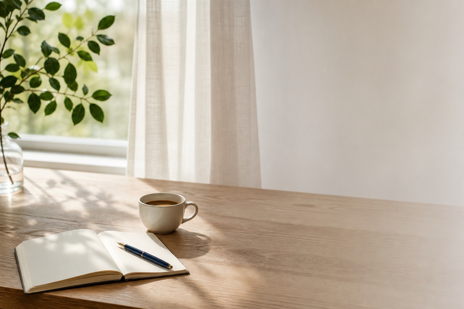 Otwarty notes, pióro i filiżanka na jasnym drewnianym stole przy oknie